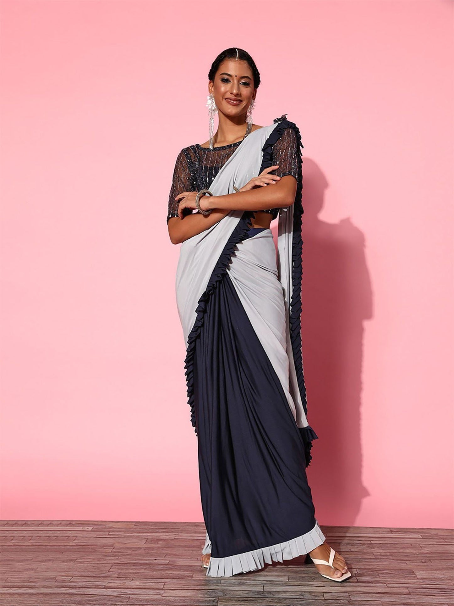 Odette White & Black Solid Poly Silk Saree with Unstitched Blouse