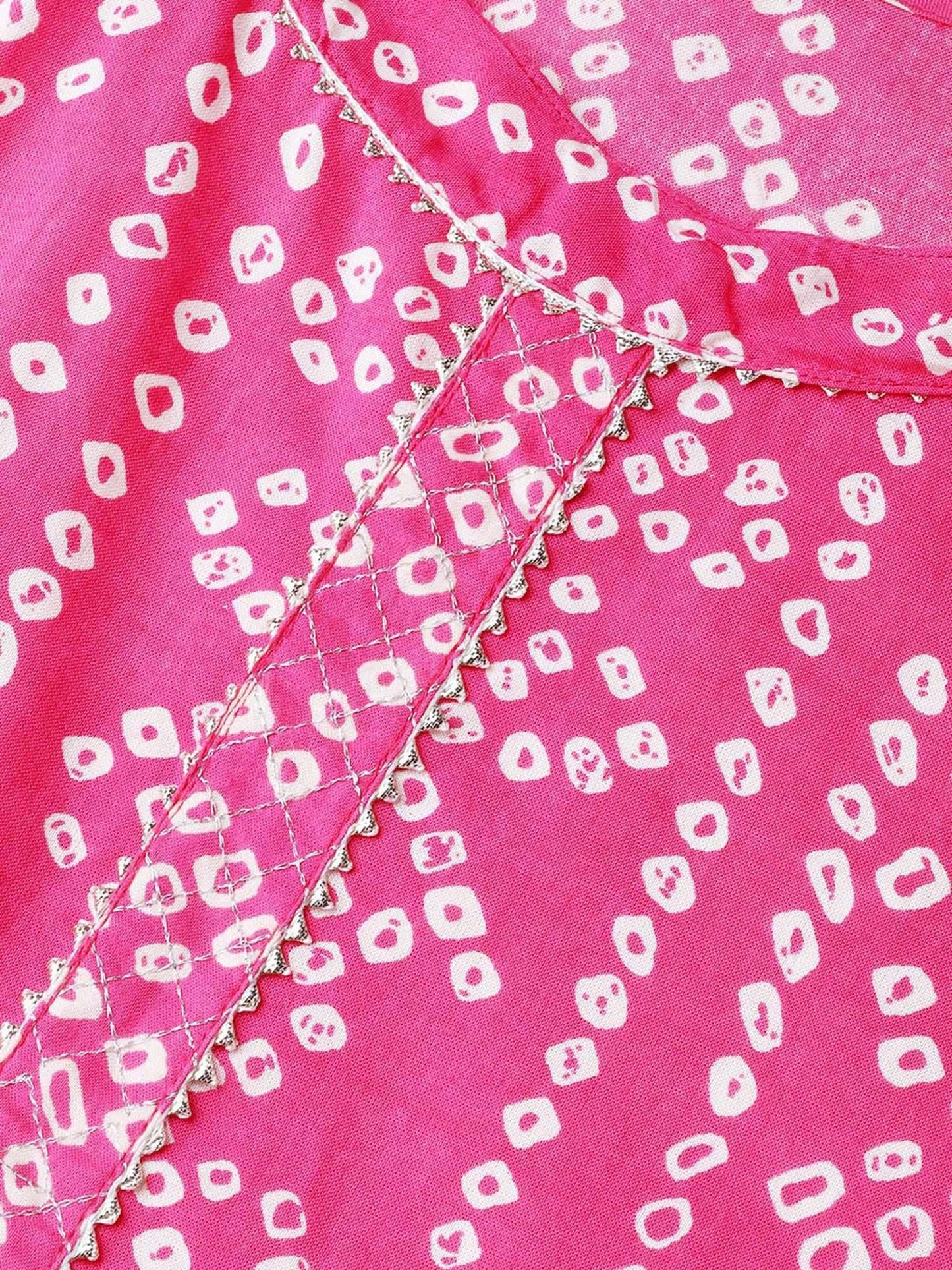 ISHIN Cotton Pink & Off White Printed Gota Patti A-Line Kurta With Skirt & Dupatta (Set of 3)