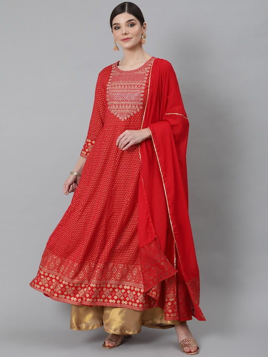 Anubhutee Women Red Ethnic Motifs Printed Anarkali Kurta With Dupatta