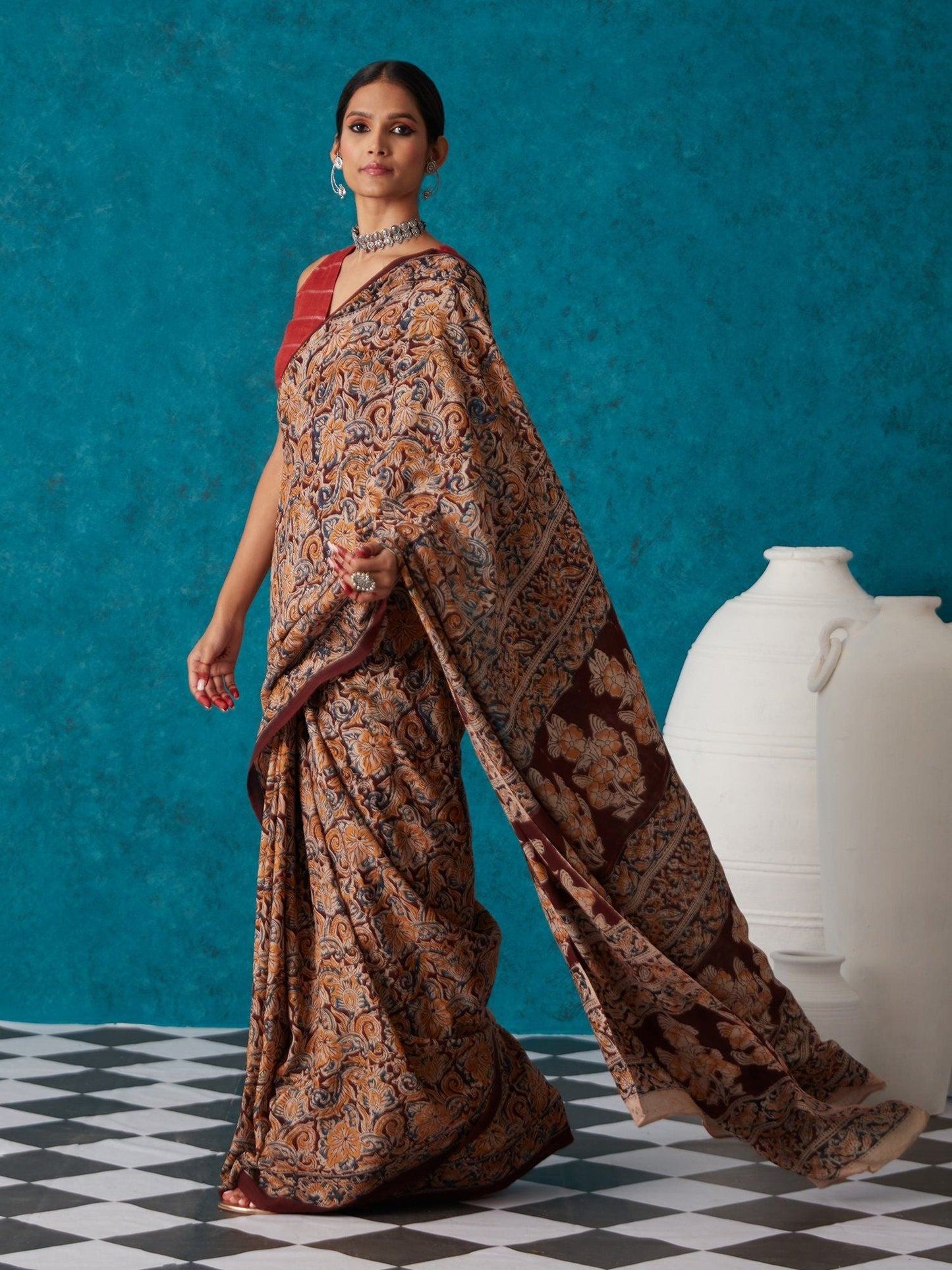 Likha Maroon Kalamkari Hand Block Printed Saree with Unstitched Blouse LIKSAR04 (One Size)