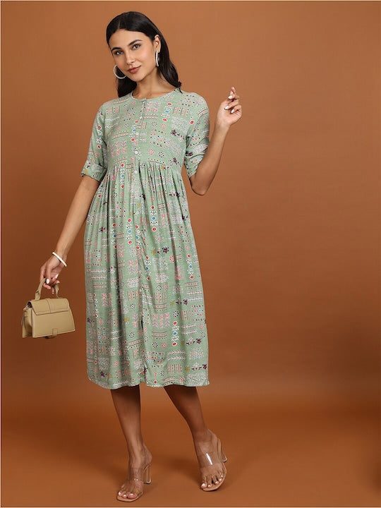Vishudh Green Floral Printed A-Line Midi Dress