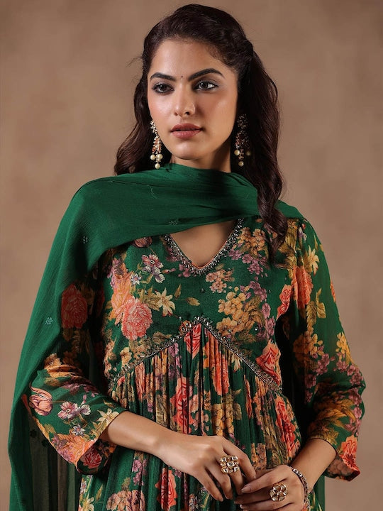Scakhi Floral Printed Empire Beads and Stones Silk Crepe Kurta & Trousers With Dupatta