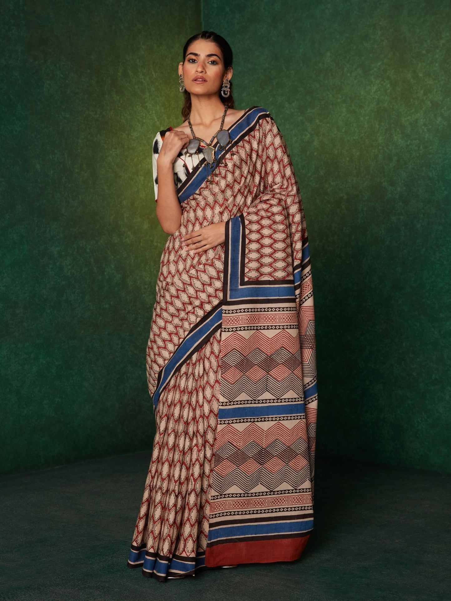 Likha Beige Mulmul Handblocked Bagru Saree with Unstitched Blouse LIKSAR108 (Free Size)
