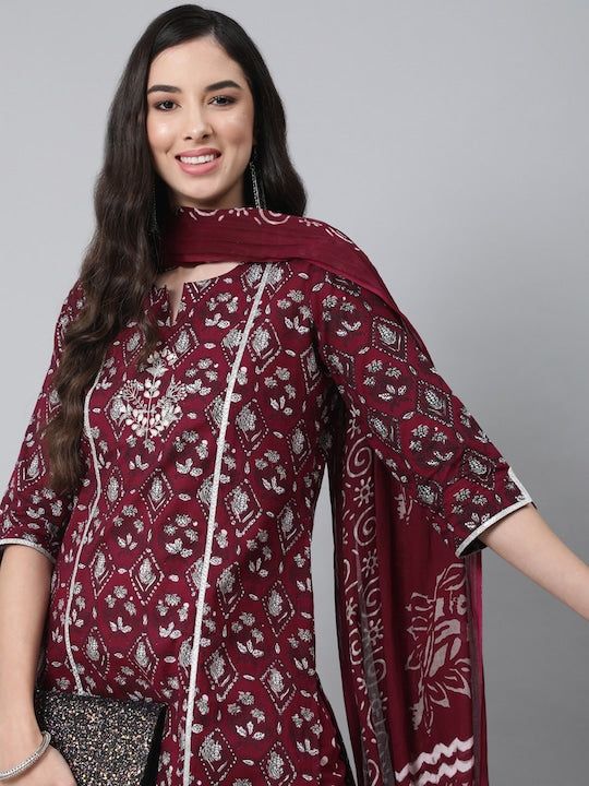 Anubhutee Women Maroon Ethnic Motifs Thread Work Pure Cotton Kurta with Trousers & With Dupatta
