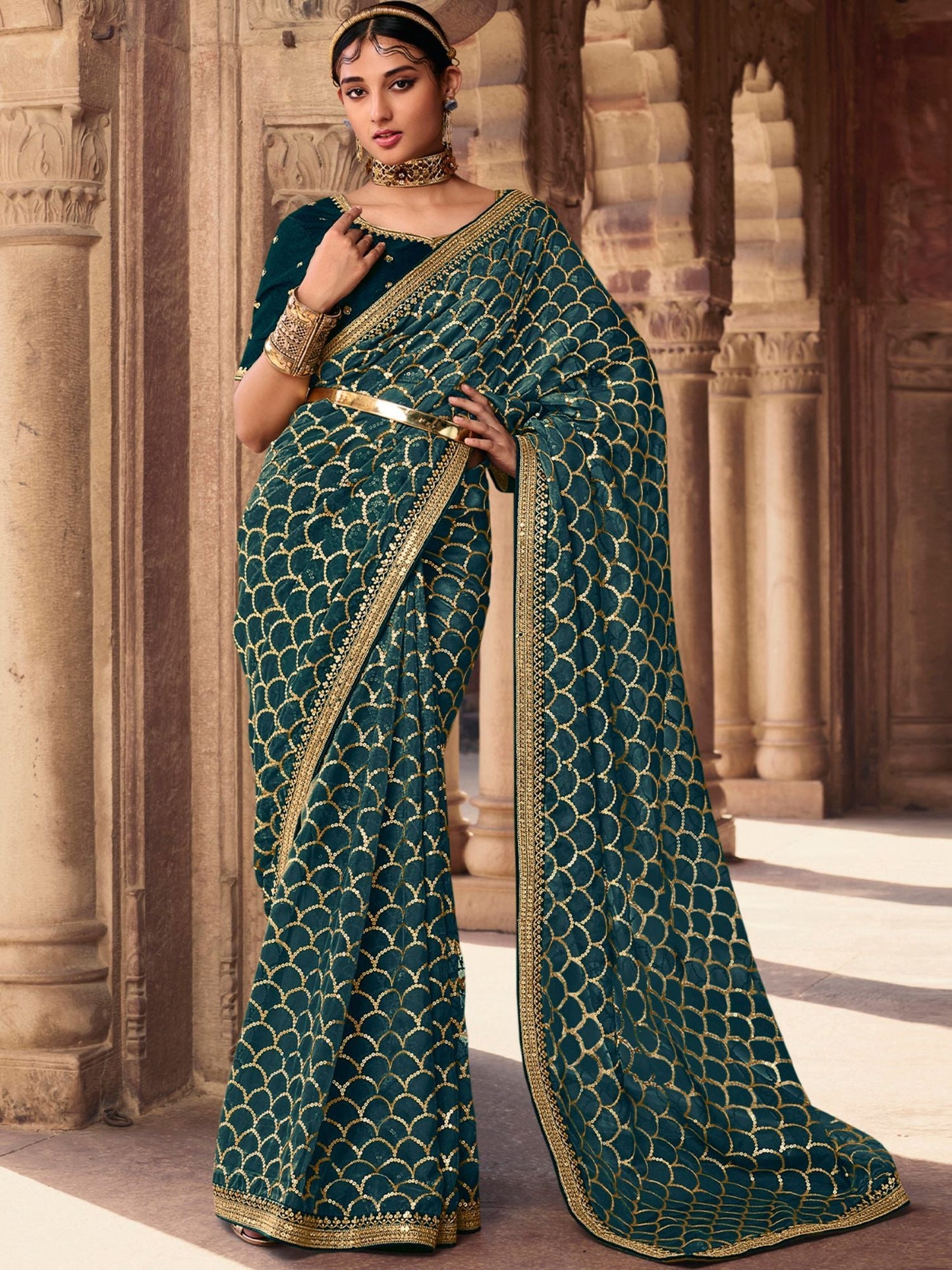 Odette Teal Organza Sequins Embroidered Saree with Unstitched Blouse