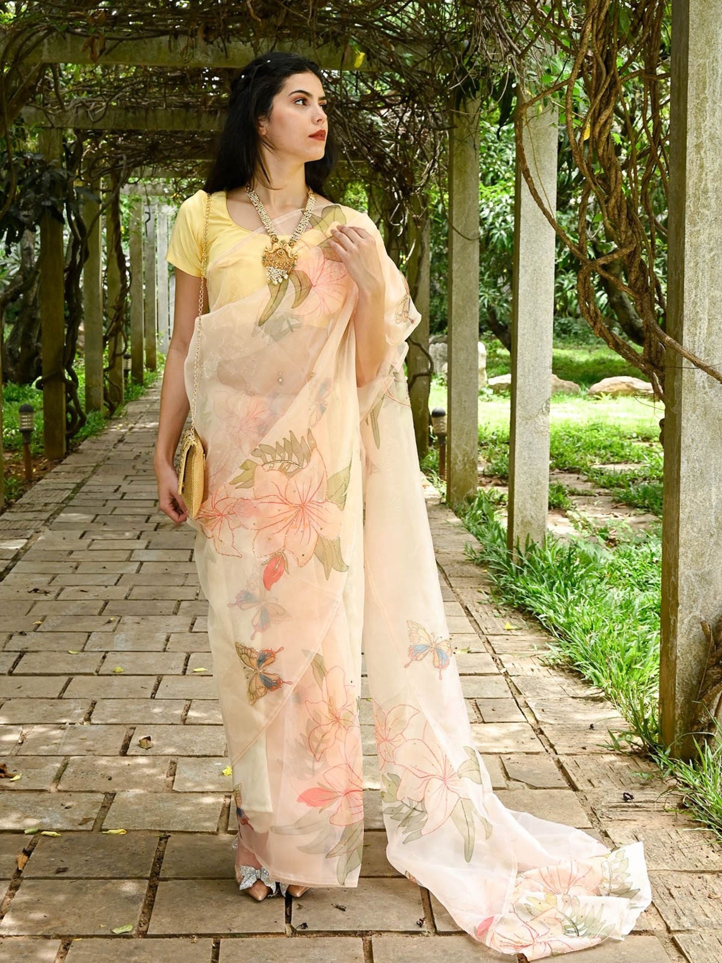Odette Peach Organza Floral Printed Saree with Unstitched Blouse