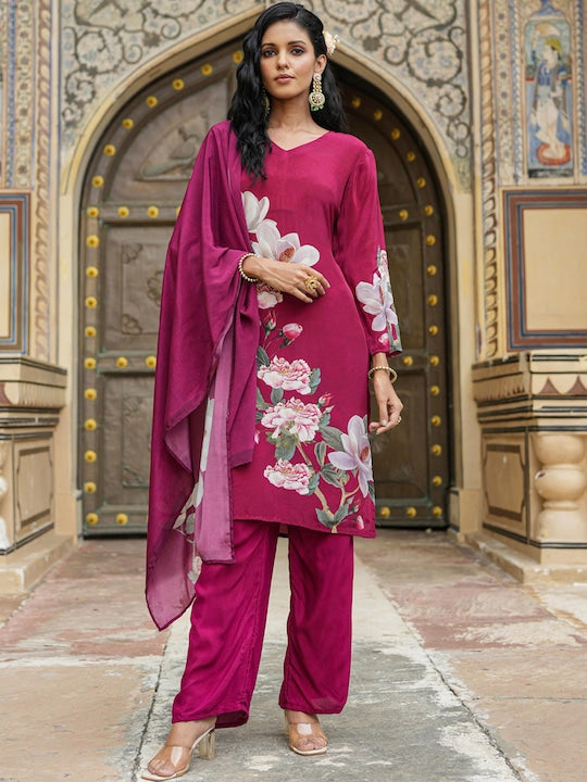 Scakhi Floral Printed Silk Crepe Kurta with Trousers & Dupatta