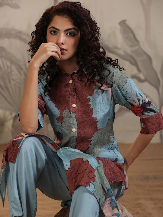 SCAKHI Floral Printed Shirt Collar Kurta With Trousers