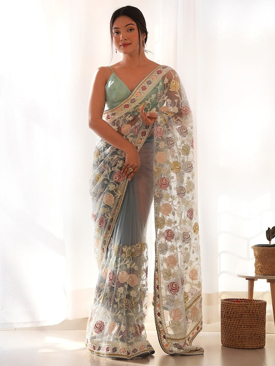 Saree mall Floral Embroidered Beads & Stones Net Sarees