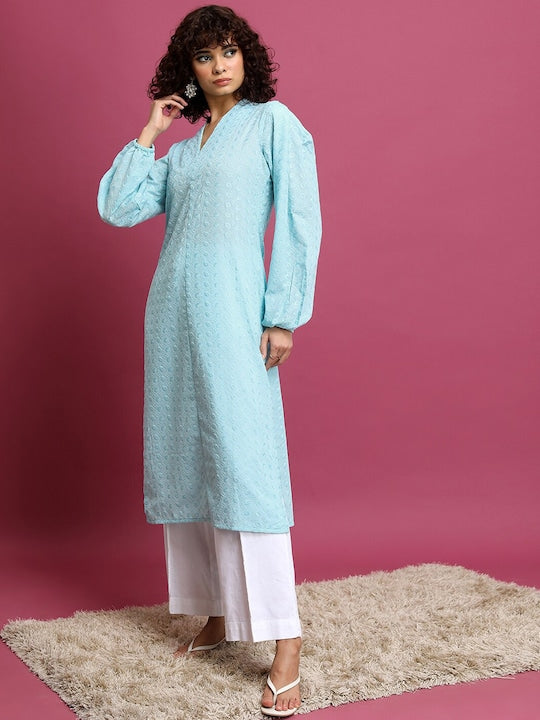 Vishudh Blue Floral Embroidered Puff Sleeve Pastels Cotton Straight Kurta