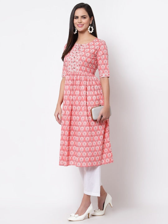 Myshka Women Pink & White Ethnic Motifs Printed Kurta -XXL