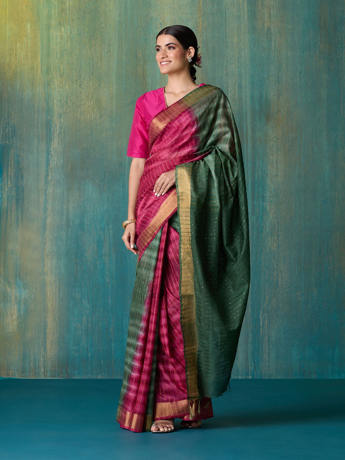 Likha Pink Shibori Tie-Dye Zari Striper Saree with Unstitched Blouse
