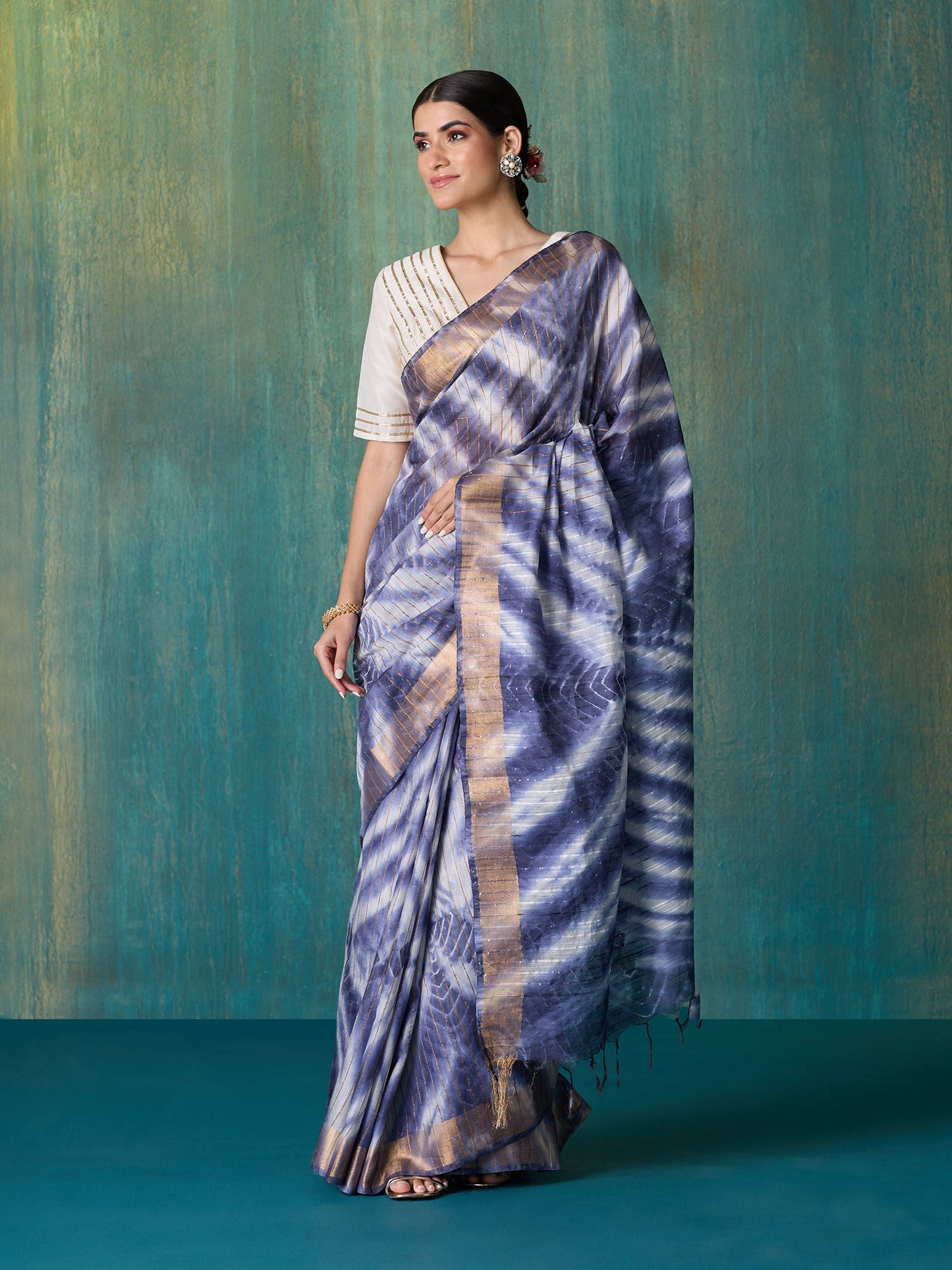 Likha Purple Shibori Tie-Dye Zari Striper Saree with Unstitched Blouse