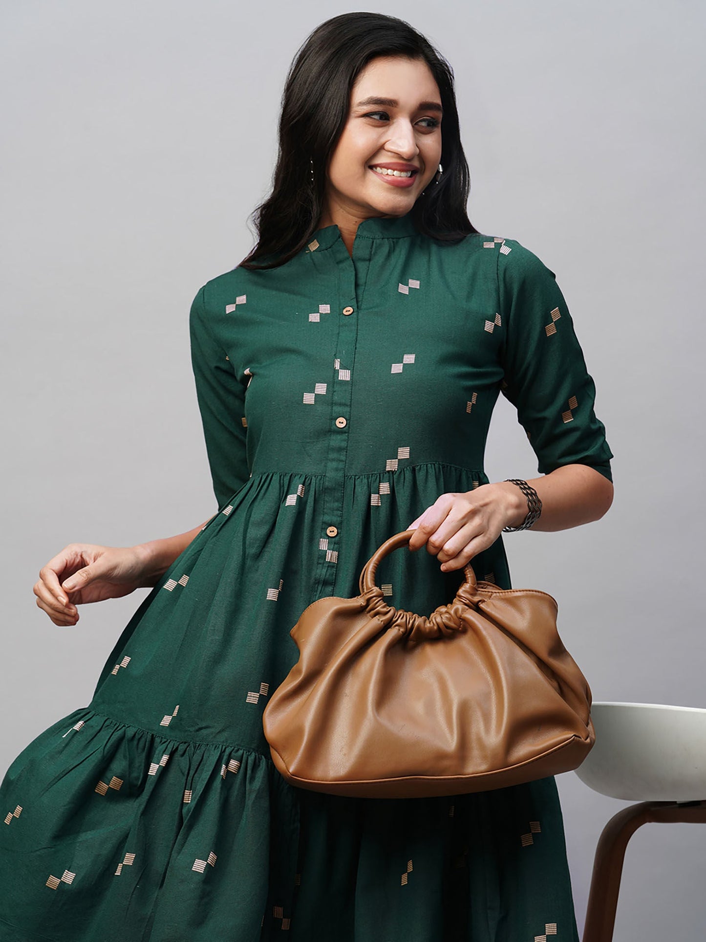 Heeposh Green Self Weaved Tiered Knee Length Dress