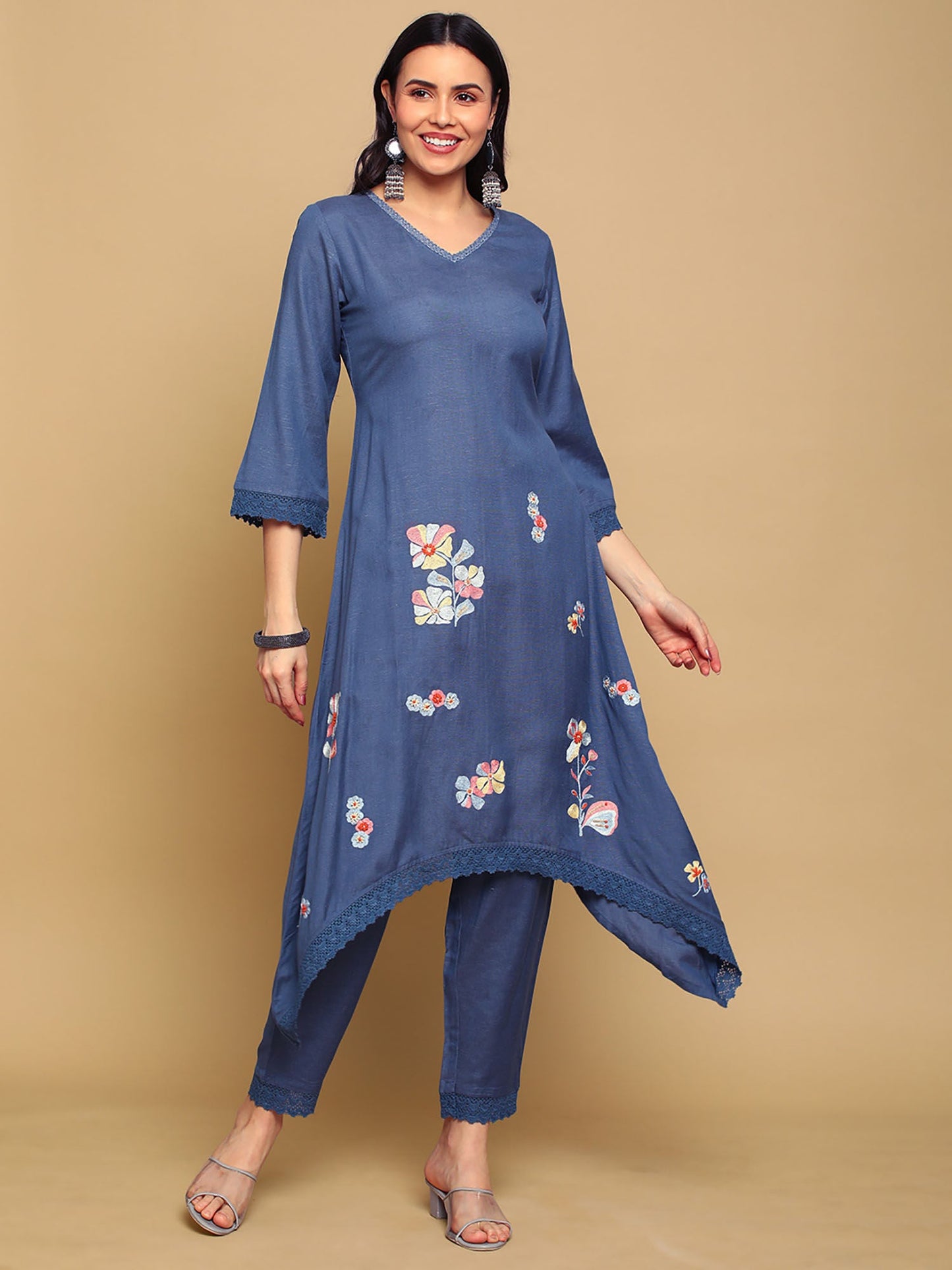 Heeposh Navy Blue Embroidered Rayon Kurta with Lace Work Detailing (Set of 3)