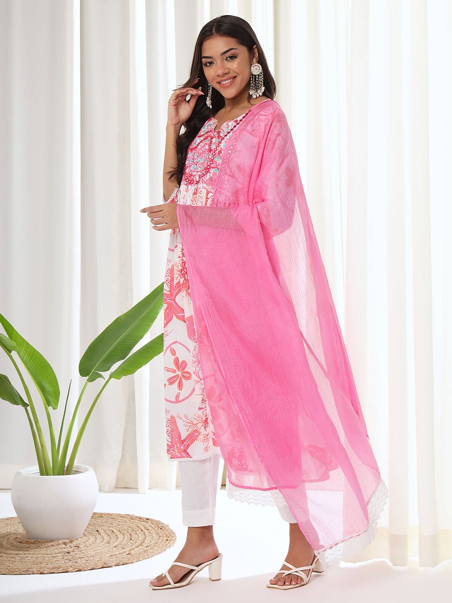 Heeposh Pink Floral Printed A-Line Kurta & Pant with Dupatta (Set of 3)