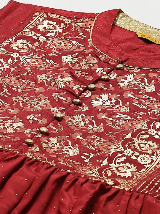 Aurelia Women Maroon & Golden Embellished A-Line Dress