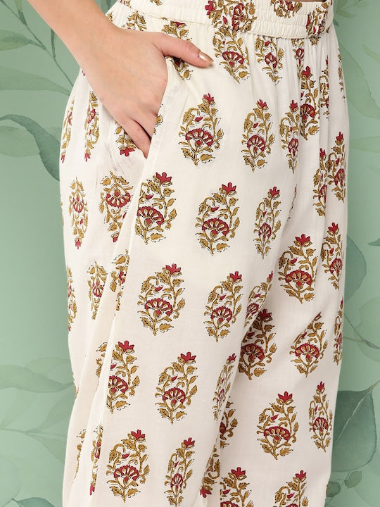 Yufta Floral Printed Pure Cotton Kurta with Trousers & With Dupatta