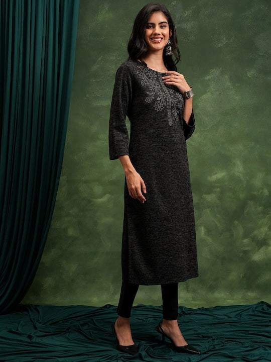 Vishudh Black Abstract Printed Beads & Stones Straight Kurta