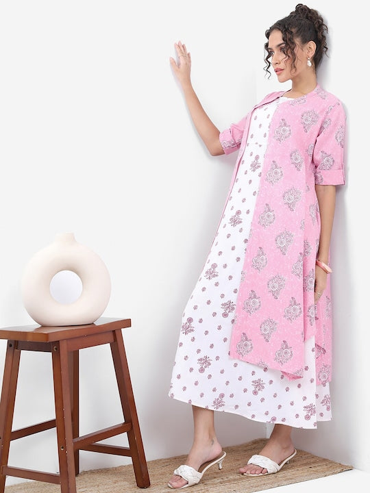 Vishudh Floral Print A-Line Midi Dress With Jacket