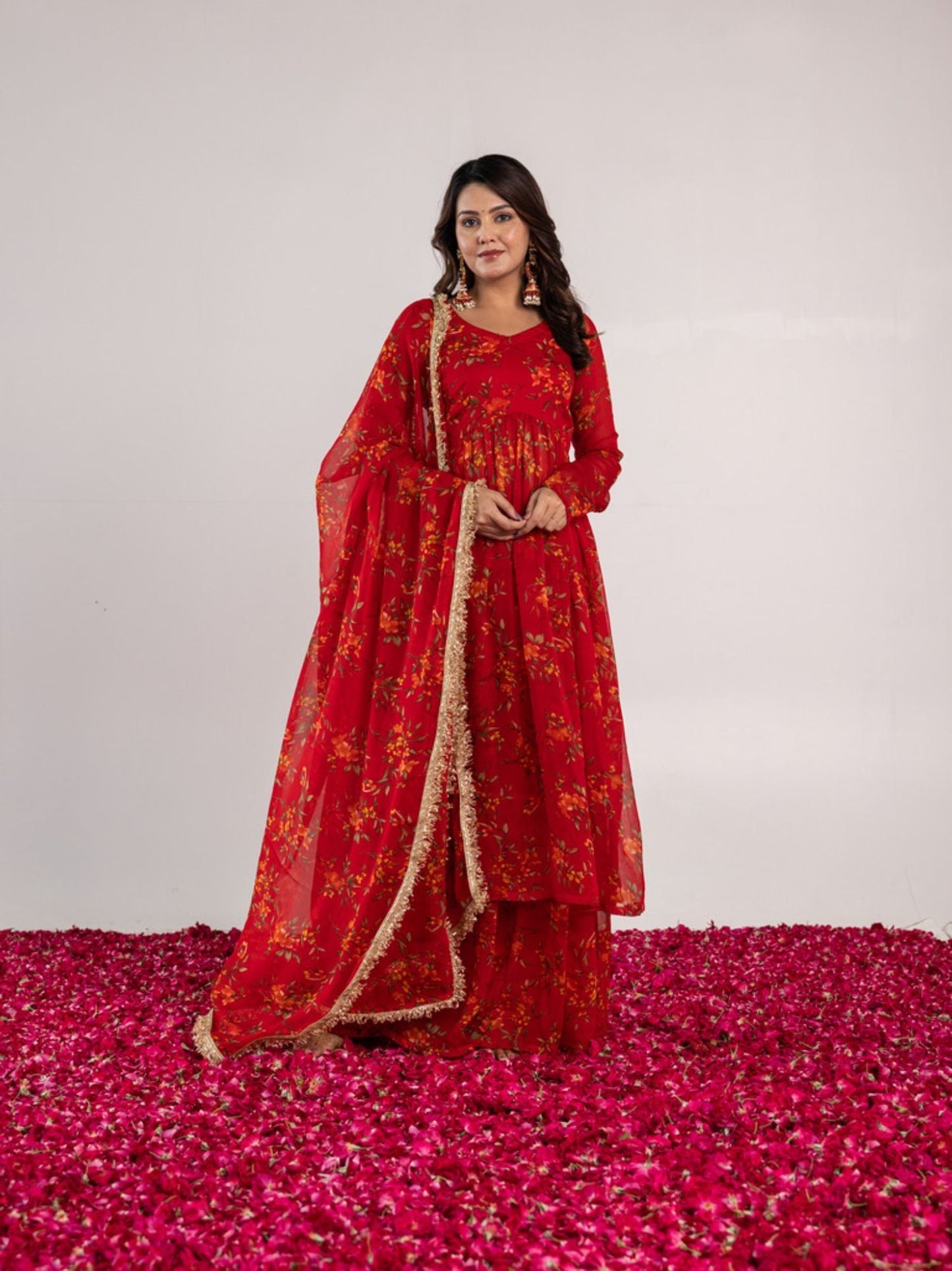 ONEWE INDIA Red Mohina Sharara (Set of 3)