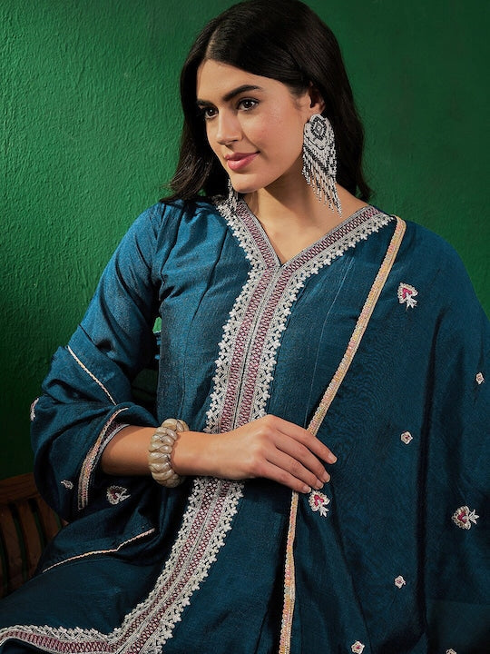 Sangria Ethnic Motifs Embroidered Regular Kurta With Trousers & With Dupatta