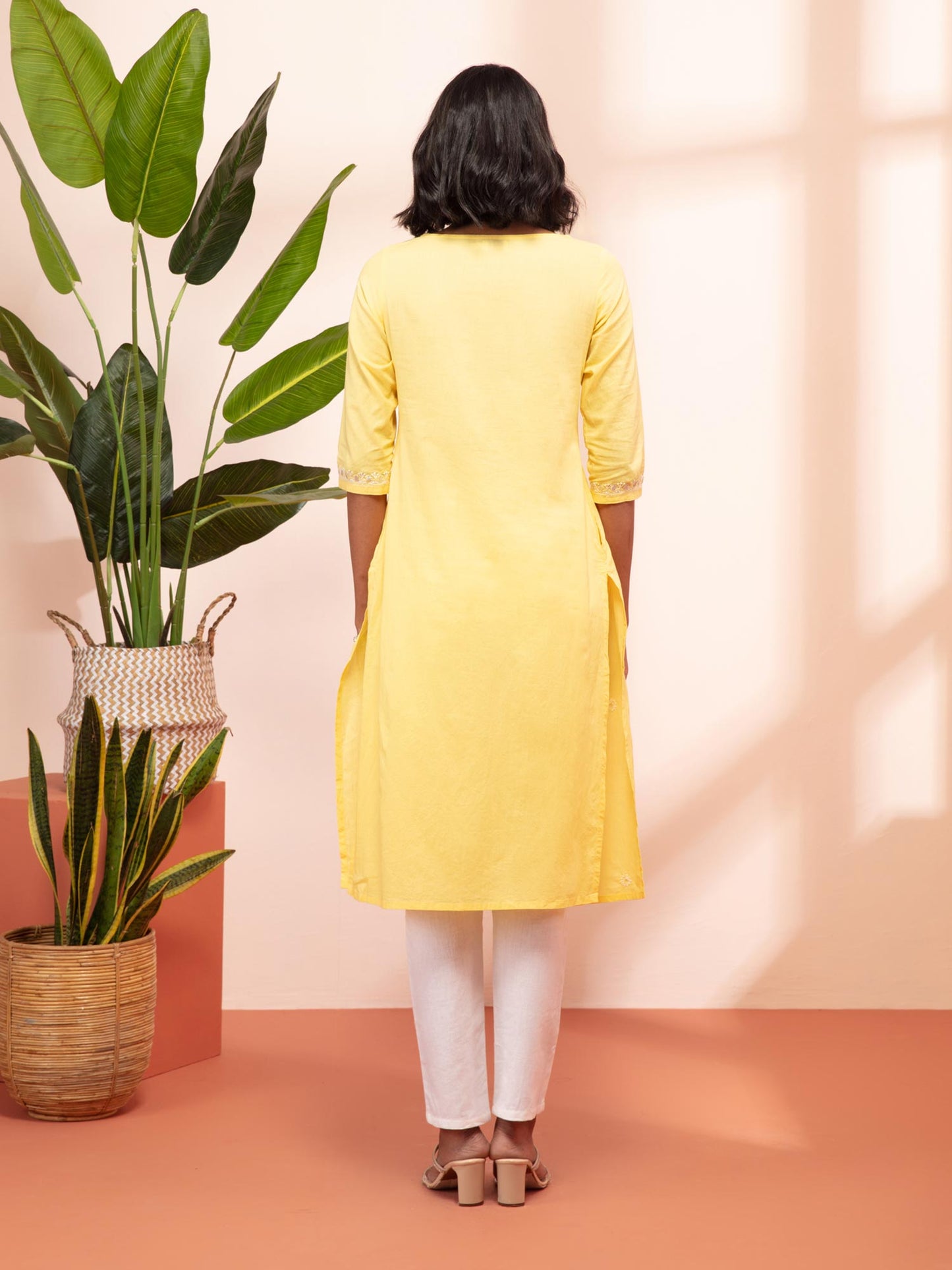 Likha Chikankari Yellow Hand Embroidered Yoke Kurta