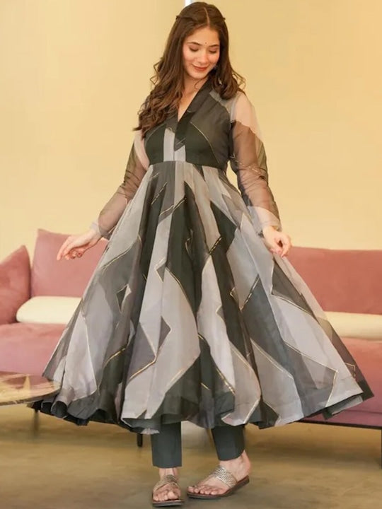 Fusionic Chevron Printed Anarkali Kurta & Trousers With Dupatta