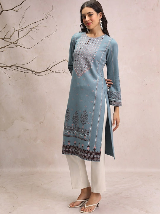 Vishudh Blue Geometric Printed Flared Sleeve Pastels Winter Straight Kurta