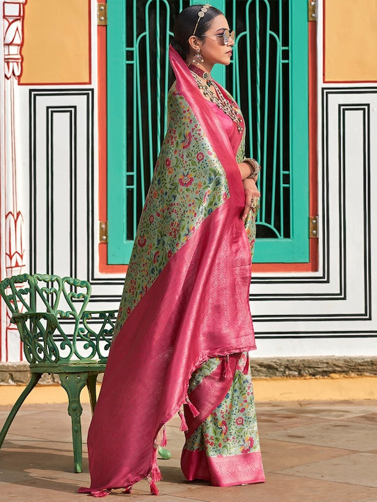 Satrani Green & Red Floral Printed Zari Sungudi Saree