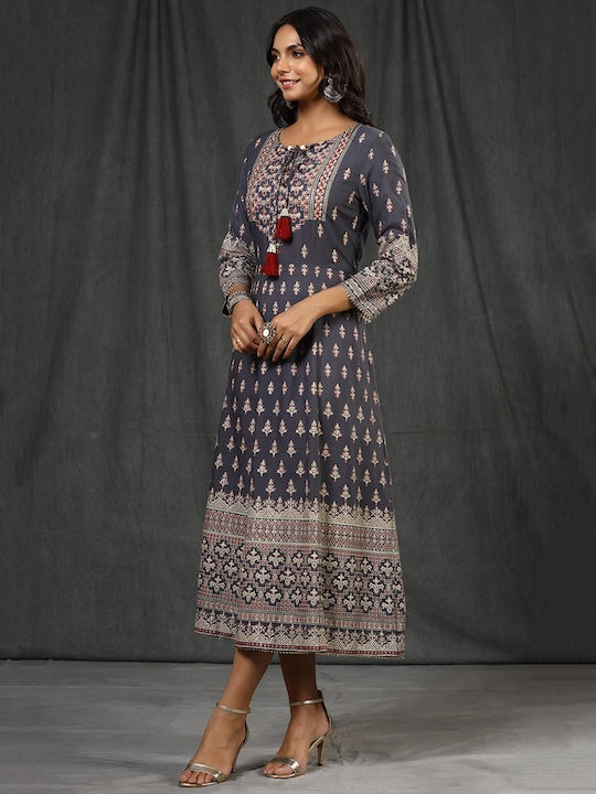 Scakhi Women Grey & Beige Ethnic Motifs Printed Anarkali Dress