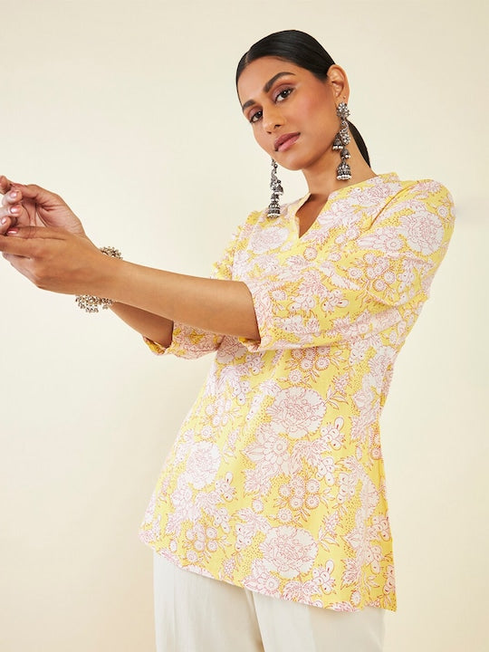 Soch Floral Printed Band Collar Cotton Tunic - S
