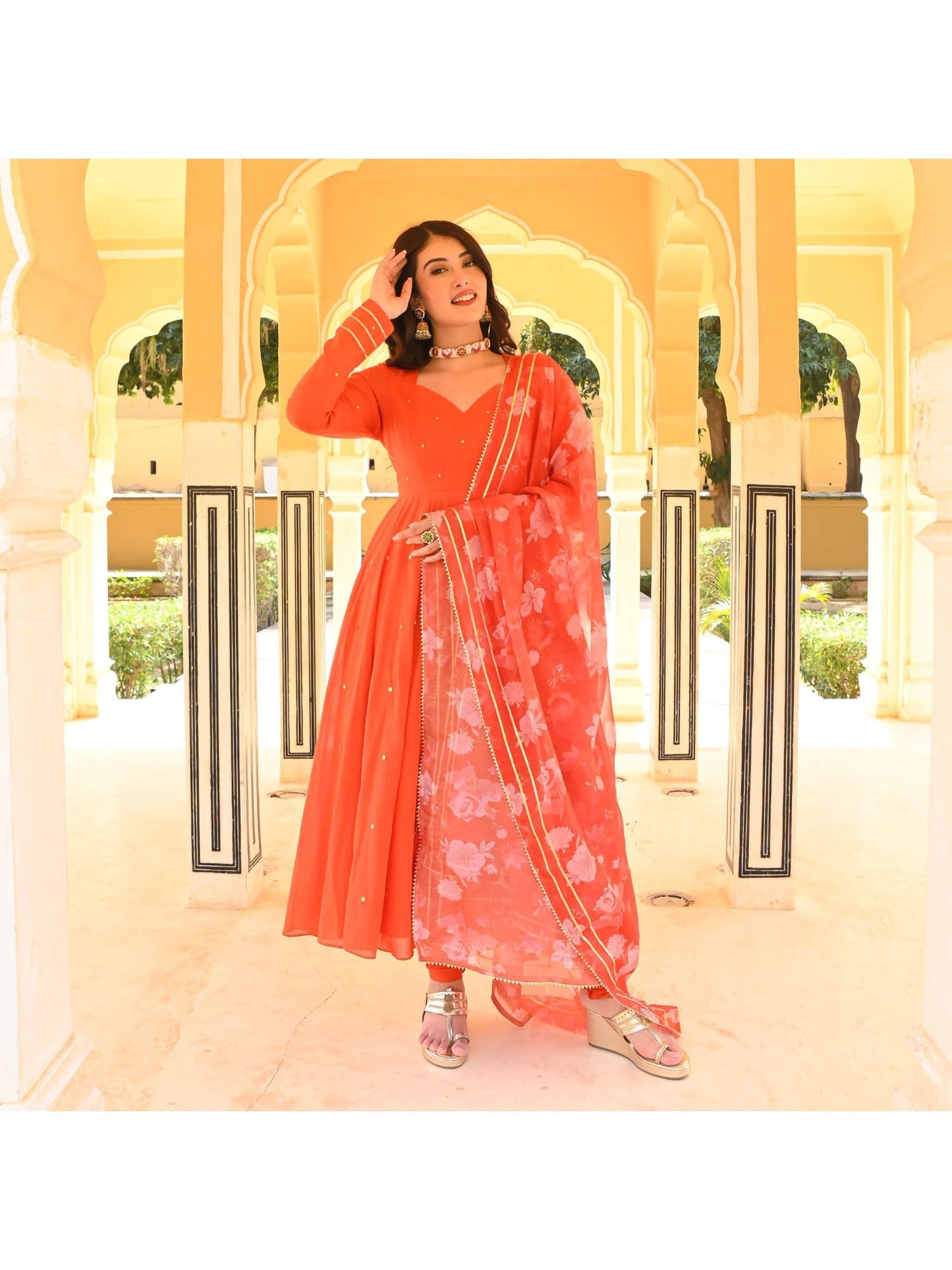 Urbanstree Tulip Orange Anarkali (Set of 3)