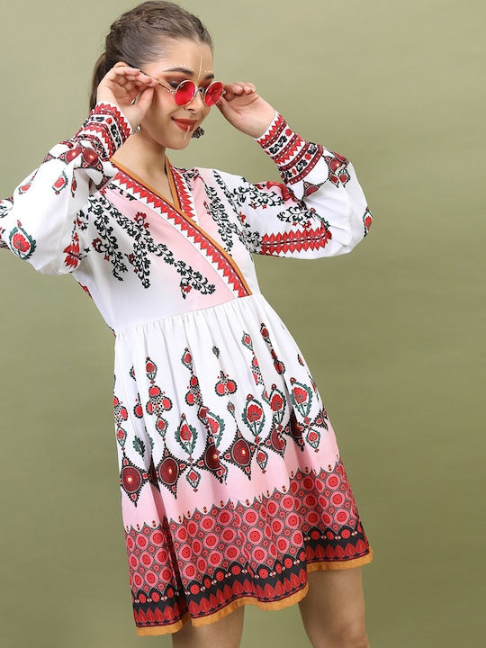 Vishudh Women White & Maroon Printed Fit And Flared Dress