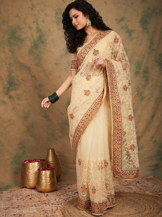 Sangria Yellow Beige Embroidered Net Sarees