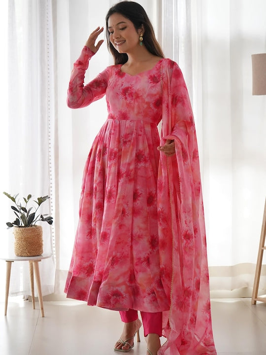 Fusionic Floral Printed V-Neck Anarkali Silk Kurta With Trousers & Dupatta