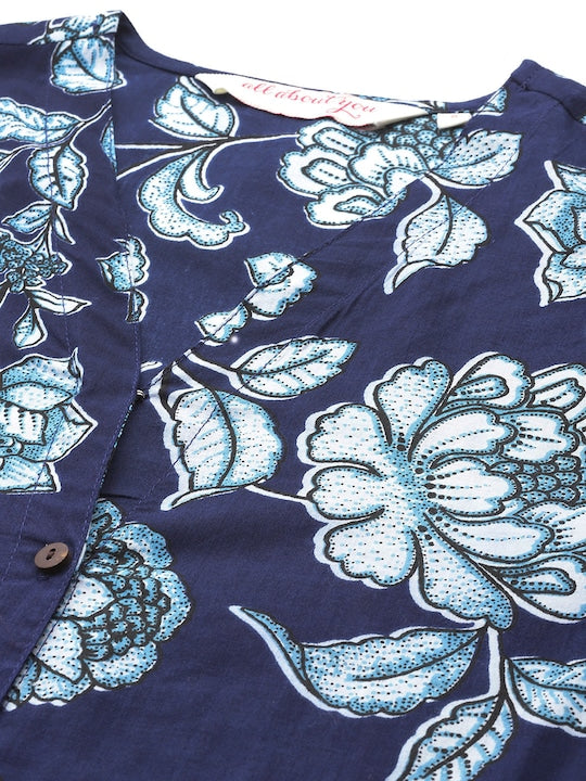 All about you Floral Print Pleated Pure Cotton Kurta with Trousers