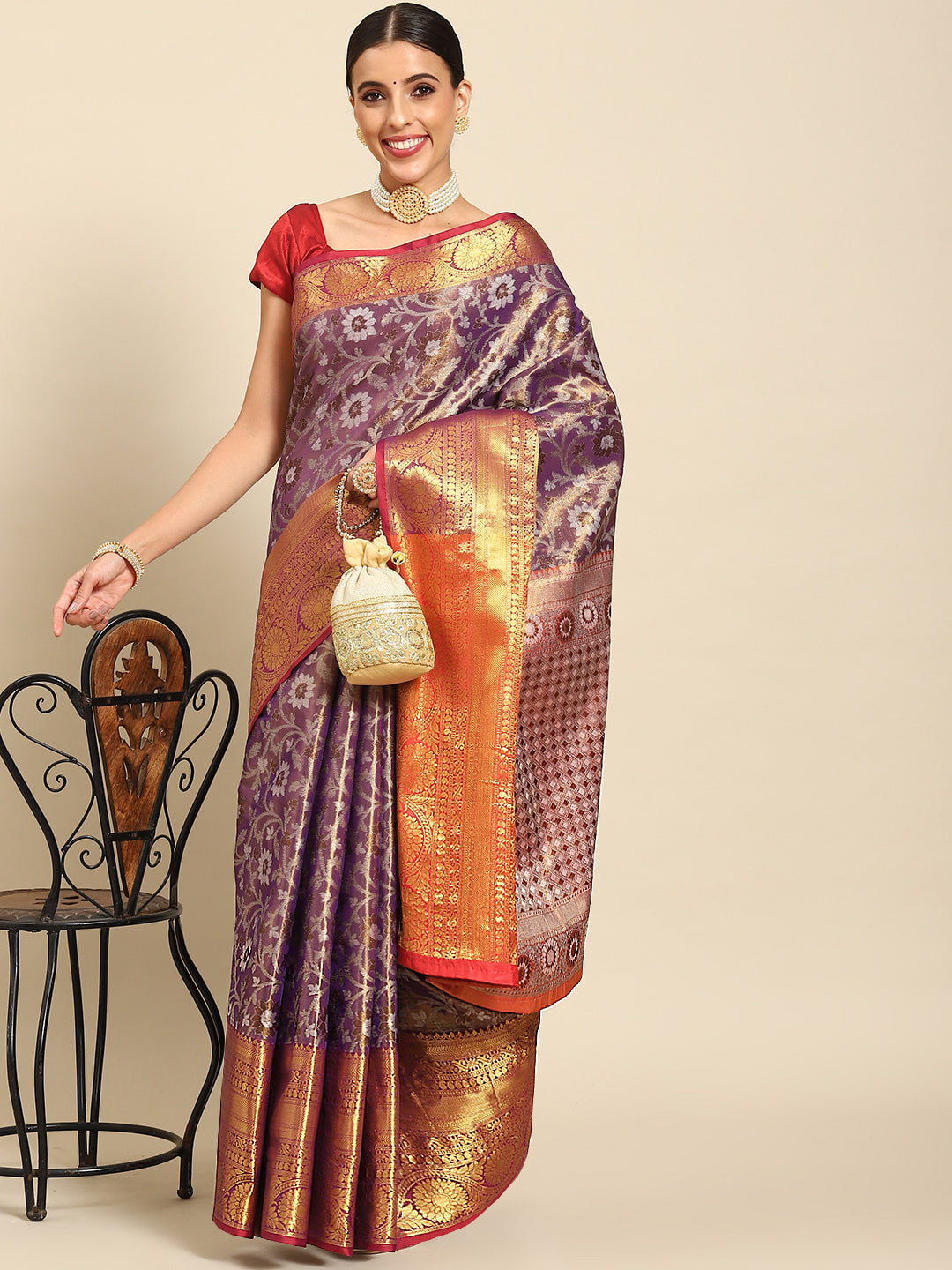 Silk Land Floral Zari Art Silk Kanjeevaram Saree