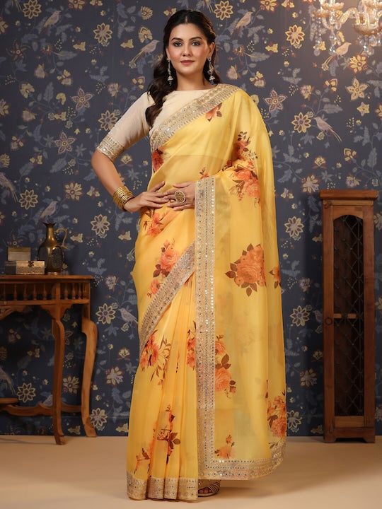 House of Pataudi Floral Printed Sequinned Organza Saree