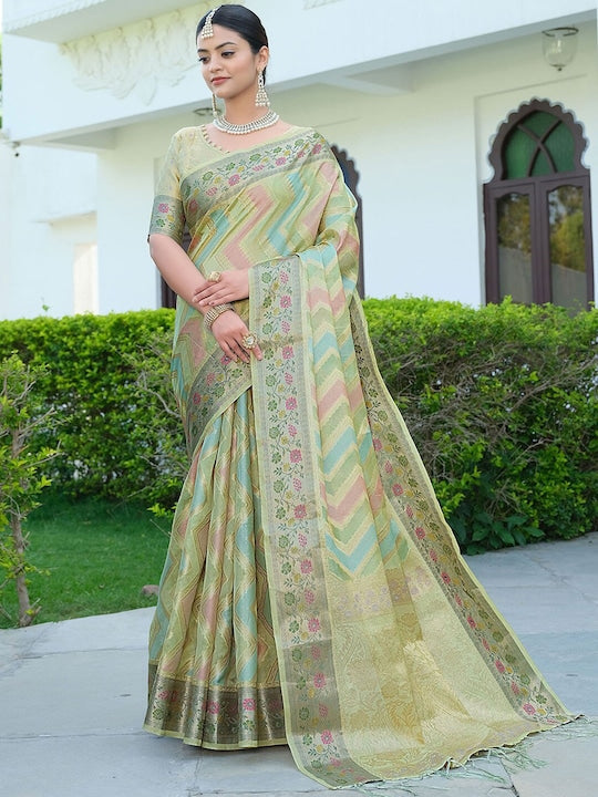 Satrani Green & Blue Chevron Woven Design Zari Banarasi Saree