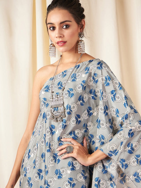 Shae by Sassafras Grey Ethnic Motifs Printed One Shoulder Kaftan Kurta