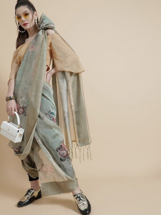 AKS Floral Printed Organza Saree