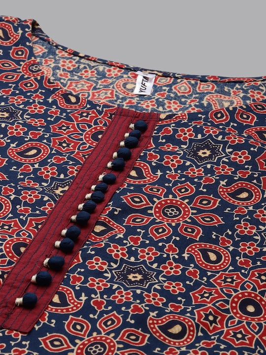 Yufta Women Blue Ethnic Motifs Printed Pure Cotton Kurta with Trousers