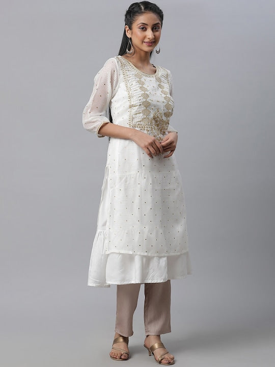 Aurelia Ethnic Embroidered Layered A-Line Kurta with Trousers