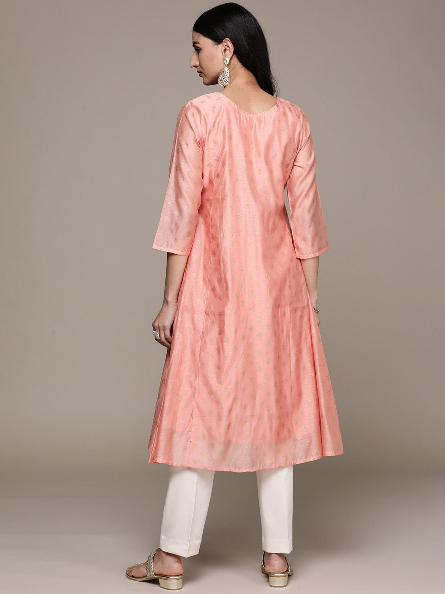 ISHIN Womens Peach Foil Printed Embroidered Silk Flared Kurta