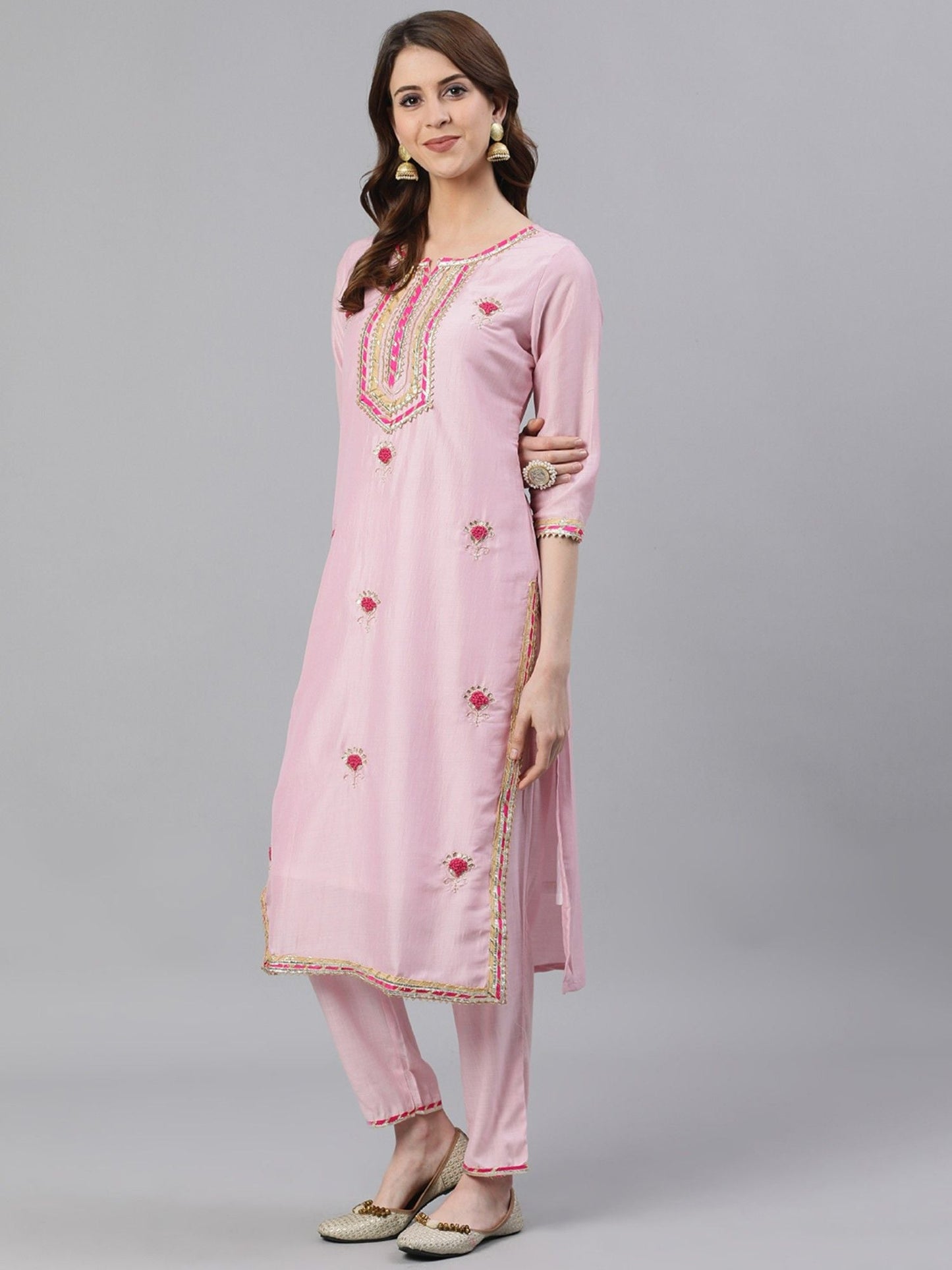 ISHIN Womens Pink Embroidered A-line Kurta Trouser Dupatta (Set of 3)