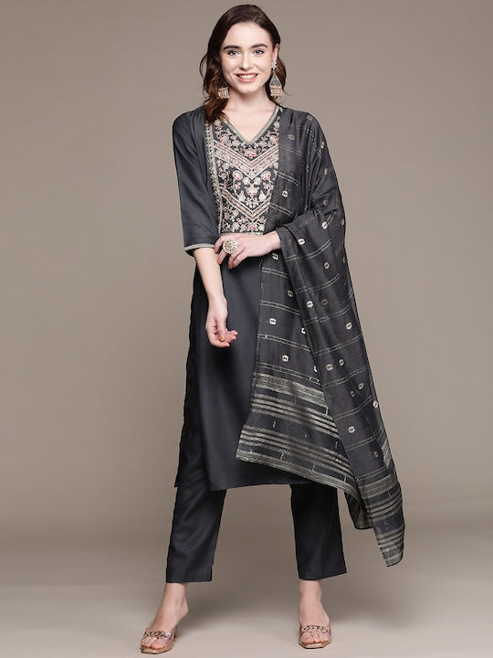 Anubhutee Women Charcoal Grey Ethnic Motifs Zari Embroidered Kurta with Trousers & Dupatta