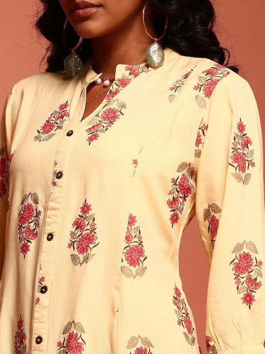 IMARA Floral Printed Mandarin Collar A-Line Kurta