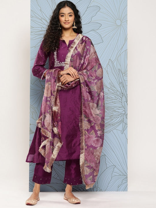 Varanga Yoke Design Regular Chanderi Silk Kurta with Trousers & With Dupatta