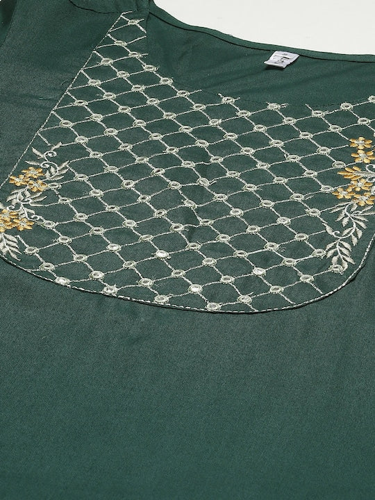 Yufta Women Green Ethnic Motifs Embroidered Mirror Work Kurta